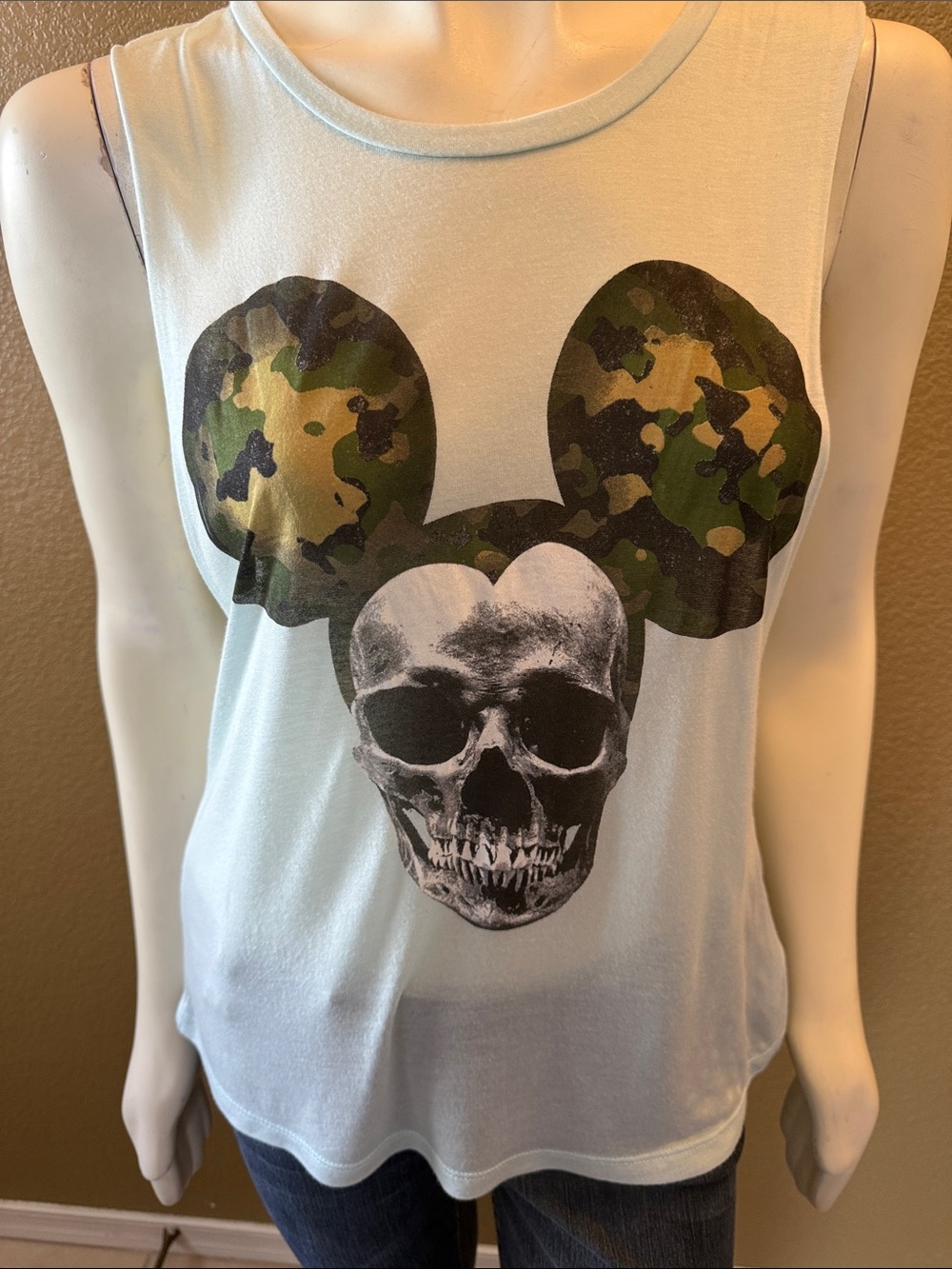 Source Unknown White Muscle Tee with Camouflage Mickey Skull Graphic